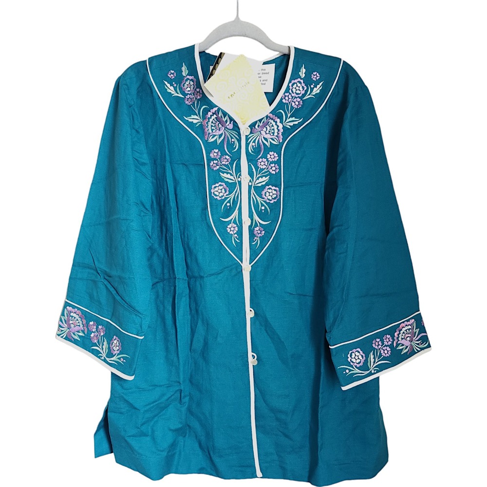 Bob Mackie Wearable Art Jacket Women's L Linen Rayon Floral Embroidery NWT QVC